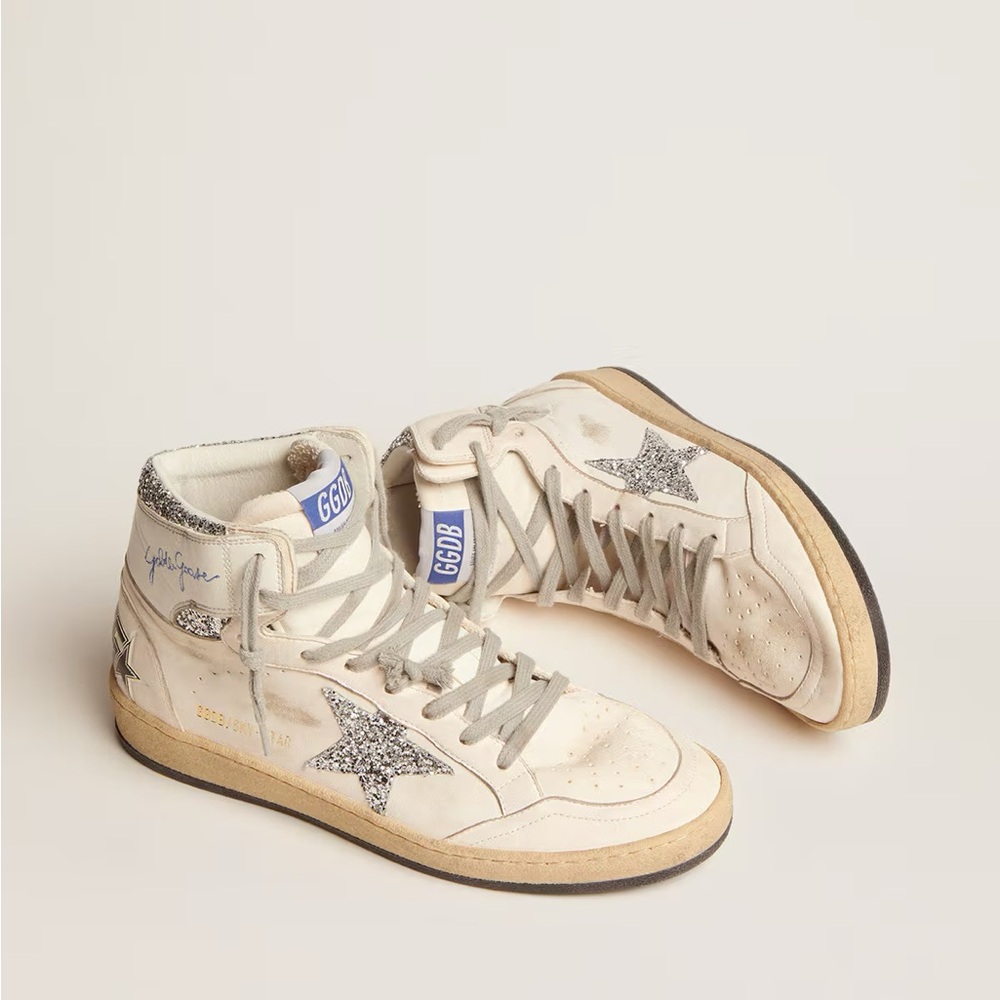Golden Goose White Leather High-Top Sneakers with Silver Glitter Star